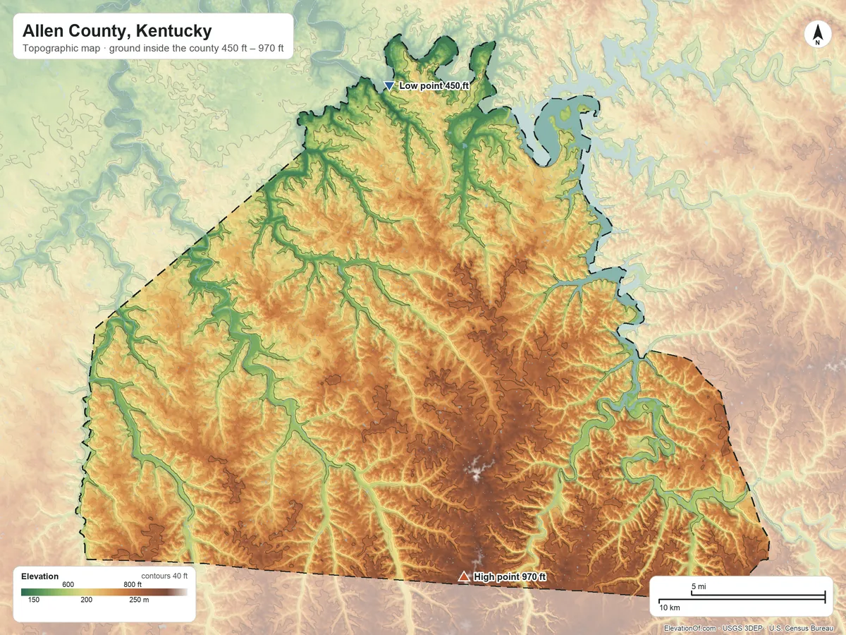 Topographic elevation map of Allen County, Kentucky, shaded from 450 ft on the north side to 970 ft on the south side