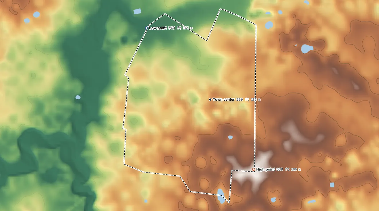 Topographic elevation map of Allensville, Kentucky, shaded from 540 ft on the northwest side to 630 ft on the southeast side