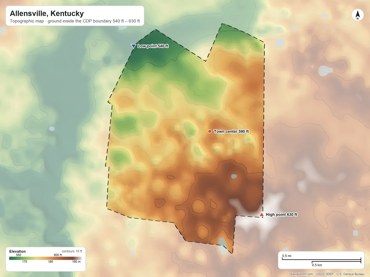 Topographic elevation map of Allensville, Kentucky, shaded from 540 ft on the northwest side to 630 ft on the southeast side