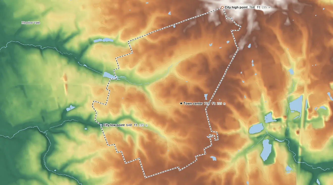 Topographic elevation map of Anchorage, Kentucky, shaded from 640 ft on the west side to 760 ft on the northeast side