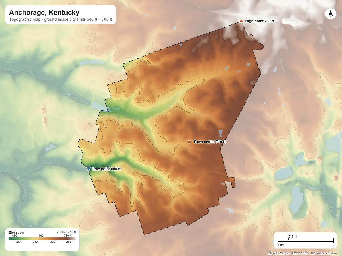Topographic elevation map of Anchorage, Kentucky, shaded from 640 ft on the west side to 760 ft on the northeast side