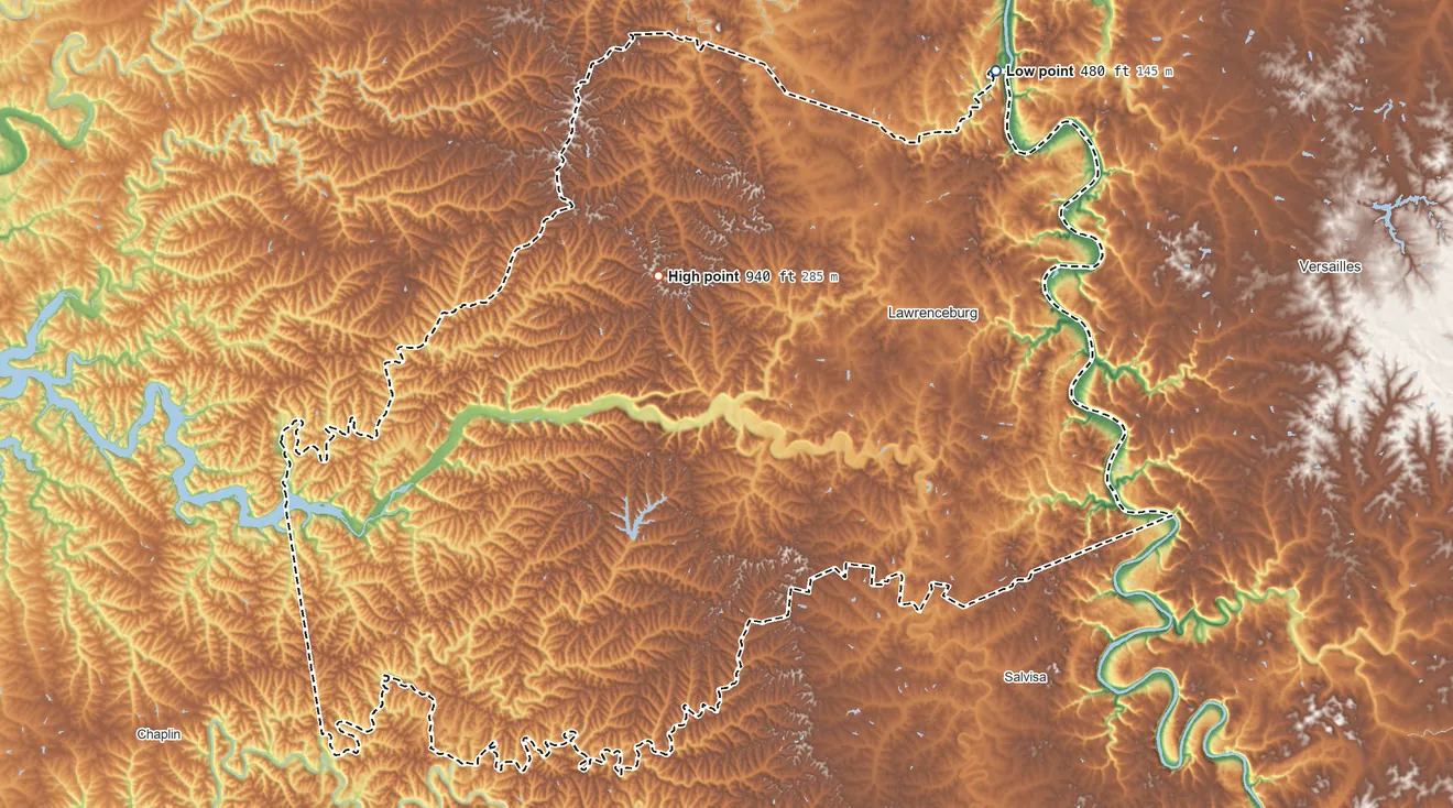 Topographic elevation map of Anderson County, Kentucky, shaded from 480 ft on the northeast side to 940 ft on the northwest side