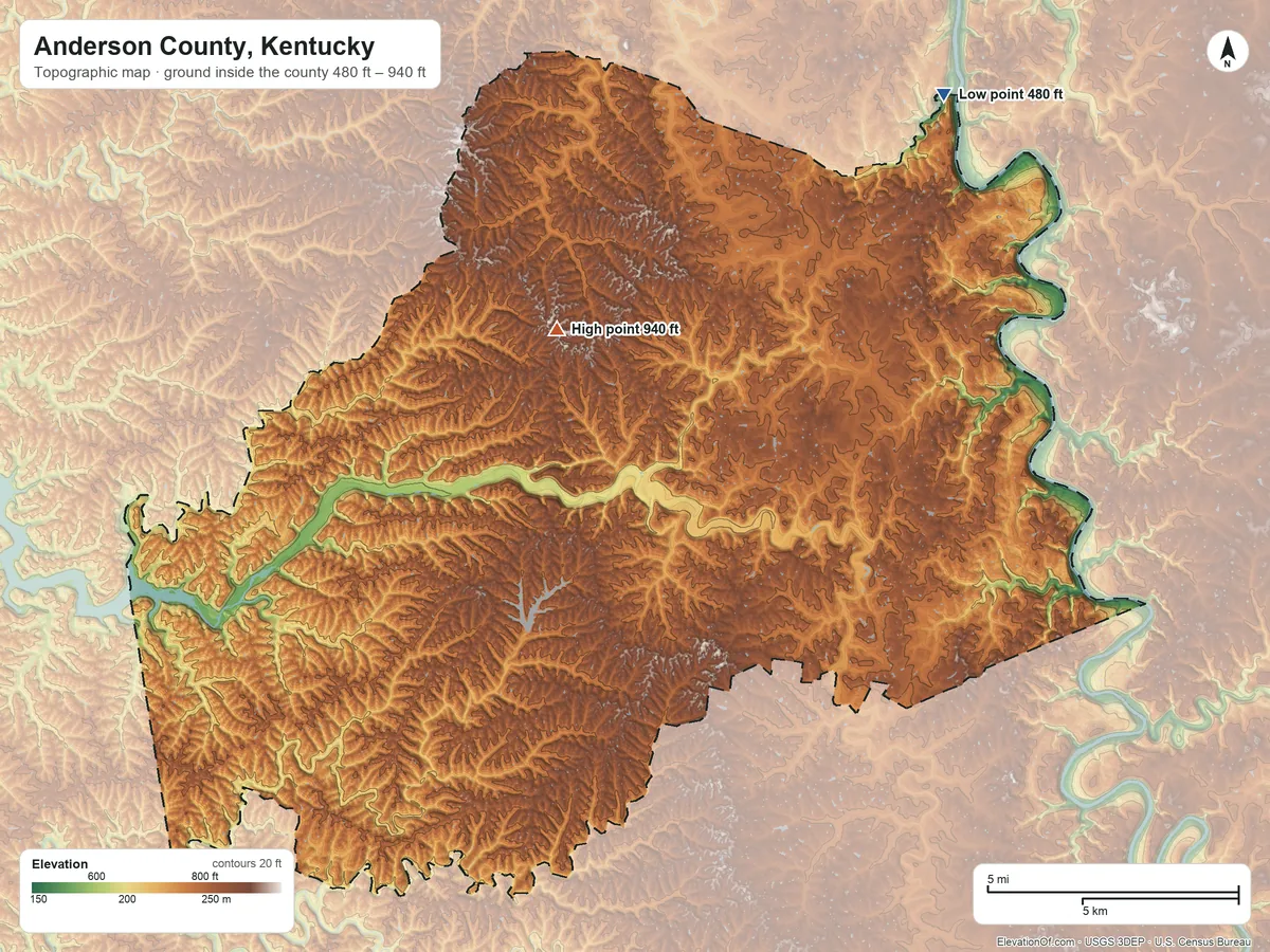 Topographic elevation map of Anderson County, Kentucky, shaded from 480 ft on the northeast side to 940 ft on the northwest side