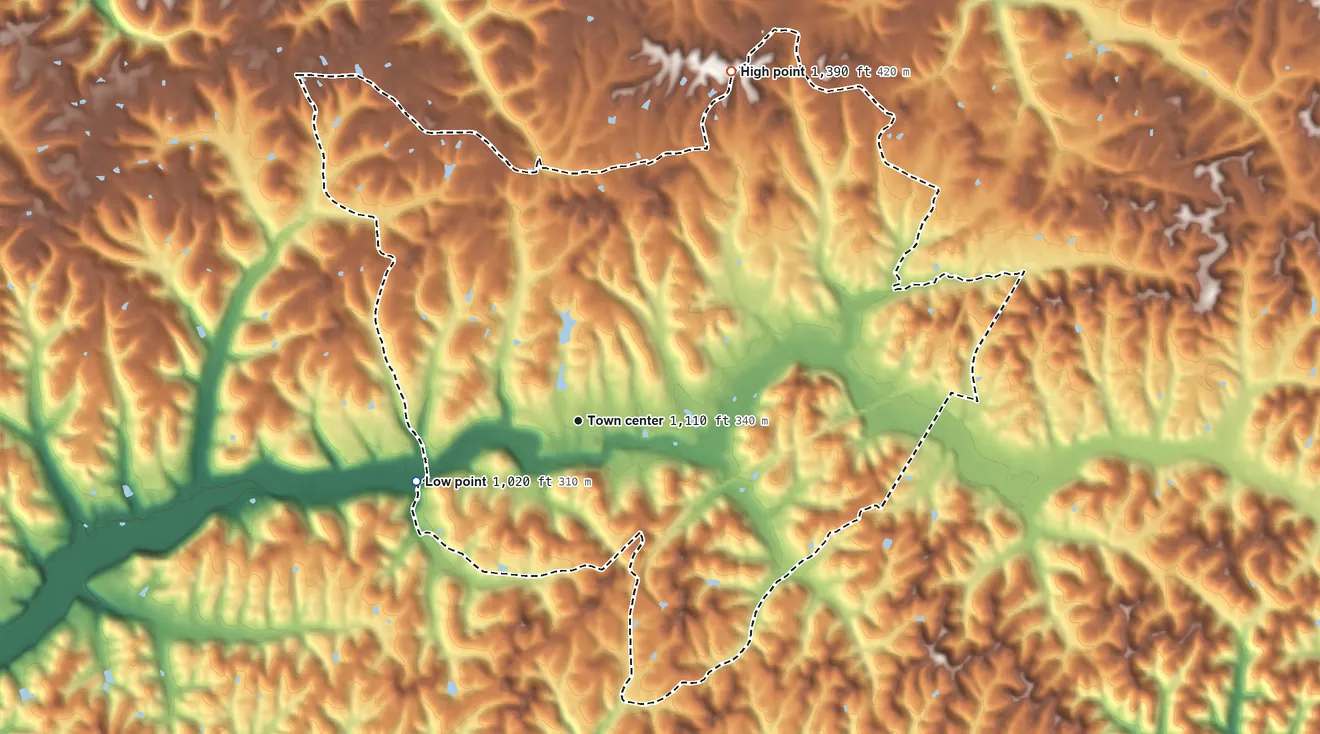 Topographic elevation map of Annville, Kentucky, shaded from 1,020 ft on the west side to 1,390 ft on the northeast side