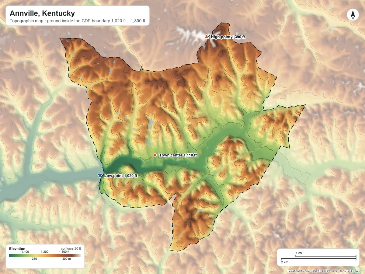 Topographic elevation map of Annville, Kentucky, shaded from 1,020 ft on the west side to 1,390 ft on the northeast side