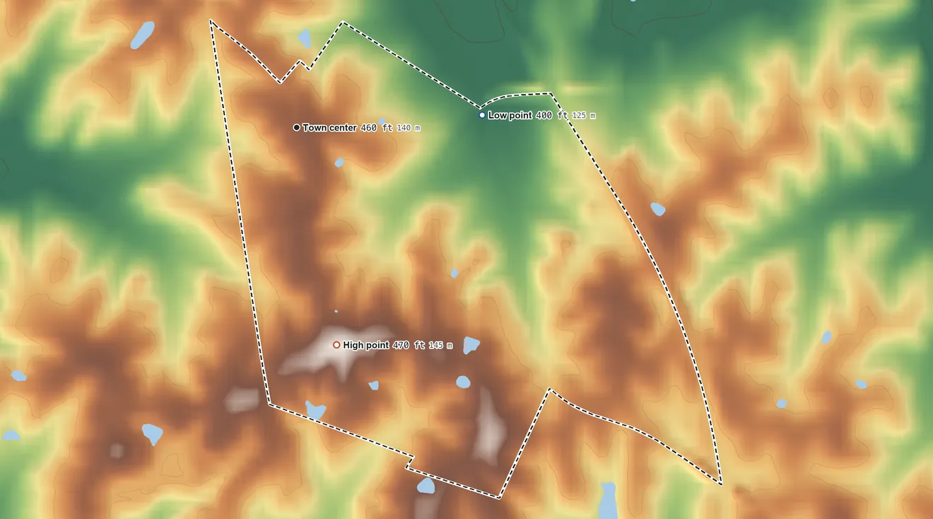 Topographic elevation map of Anthoston, Kentucky, shaded from 400 ft on the east side to 470 ft on the south side