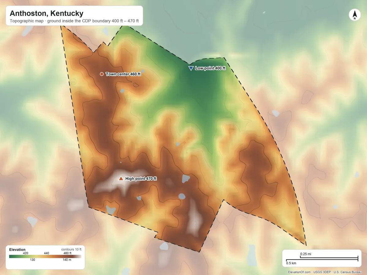 Topographic elevation map of Anthoston, Kentucky, shaded from 400 ft on the east side to 470 ft on the south side