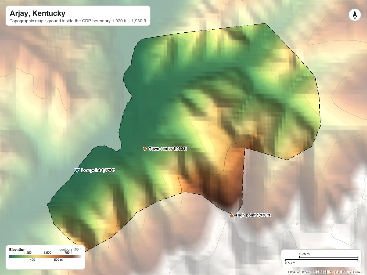 Topographic elevation map of Arjay, Kentucky, shaded from 1,020 ft on the west side to 1,930 ft at the foot of the Cumberland Mountain
