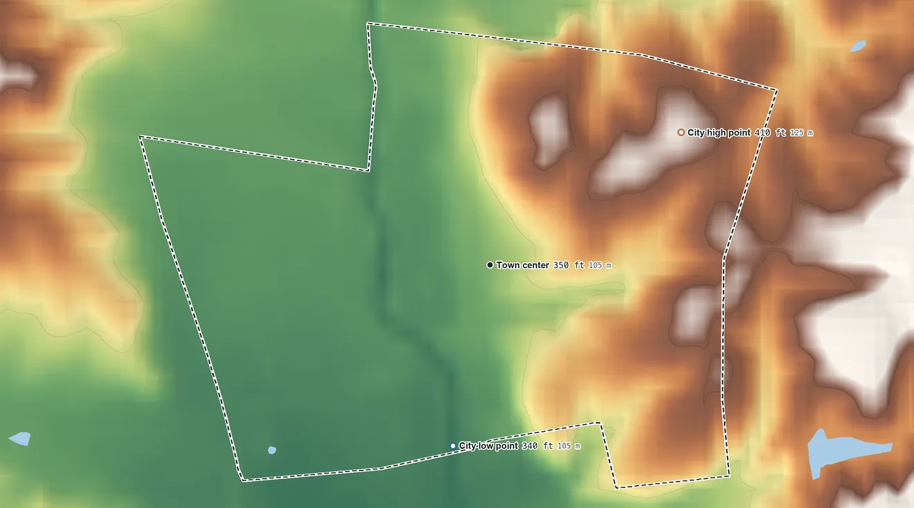 Topographic elevation map of Arlington, Kentucky, shaded from 340 ft on the south side to 410 ft on the northeast side