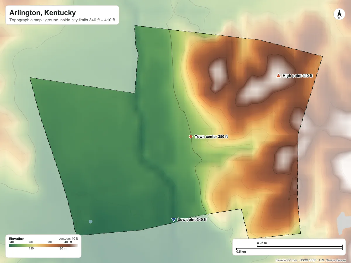 Topographic elevation map of Arlington, Kentucky, shaded from 340 ft on the south side to 410 ft on the northeast side