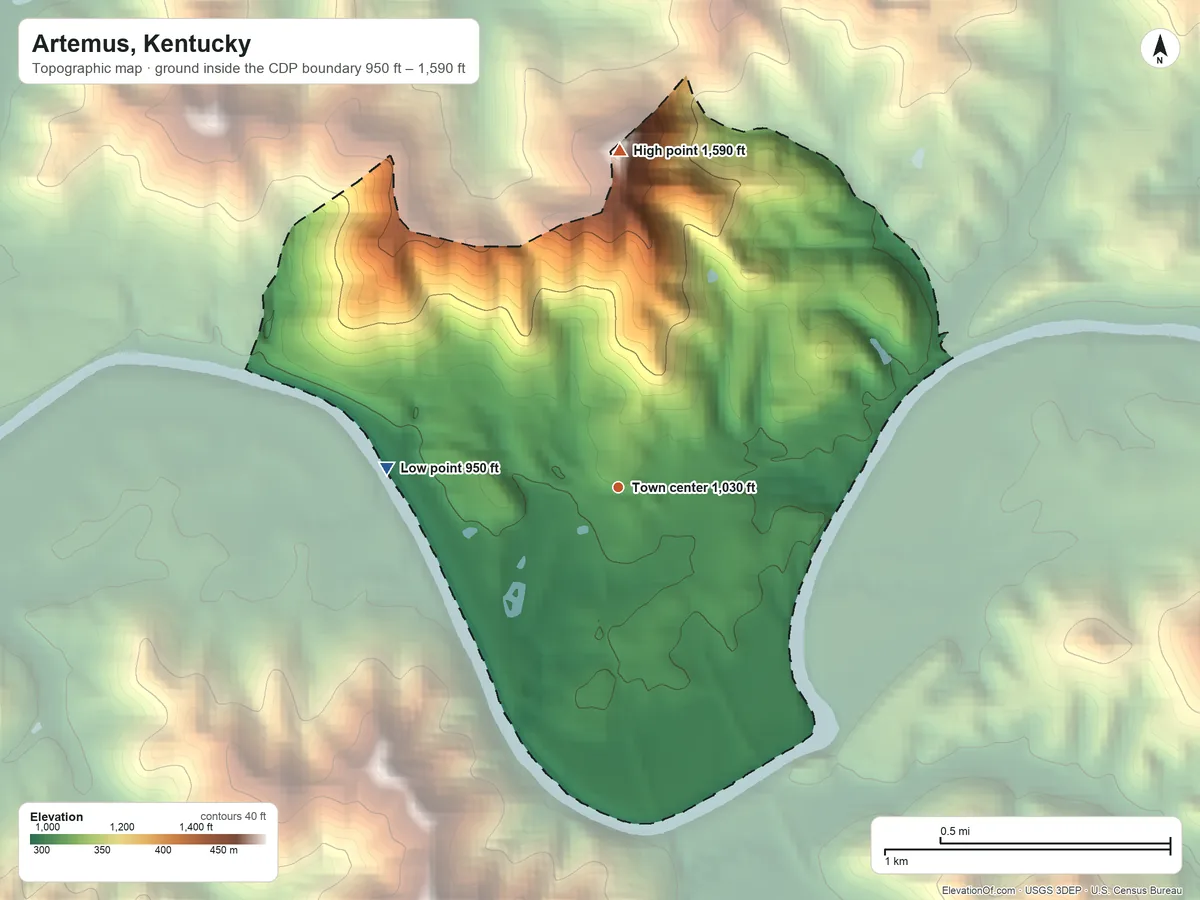 Topographic elevation map of Artemus, Kentucky, shaded from 950 ft on the west side to 1,590 ft on the north side