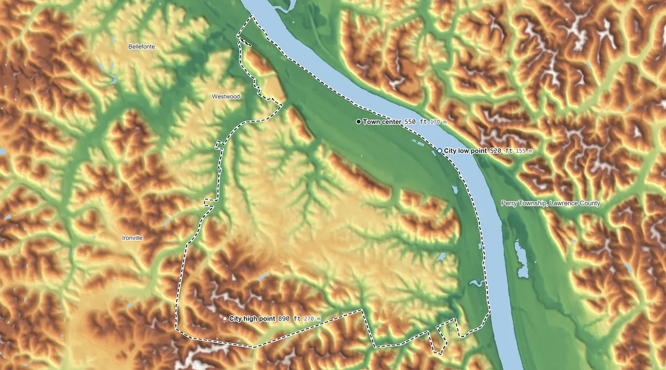 Topographic elevation map of Ashland, Kentucky, shaded from 520 ft on the east side to 890 ft on the southwest side