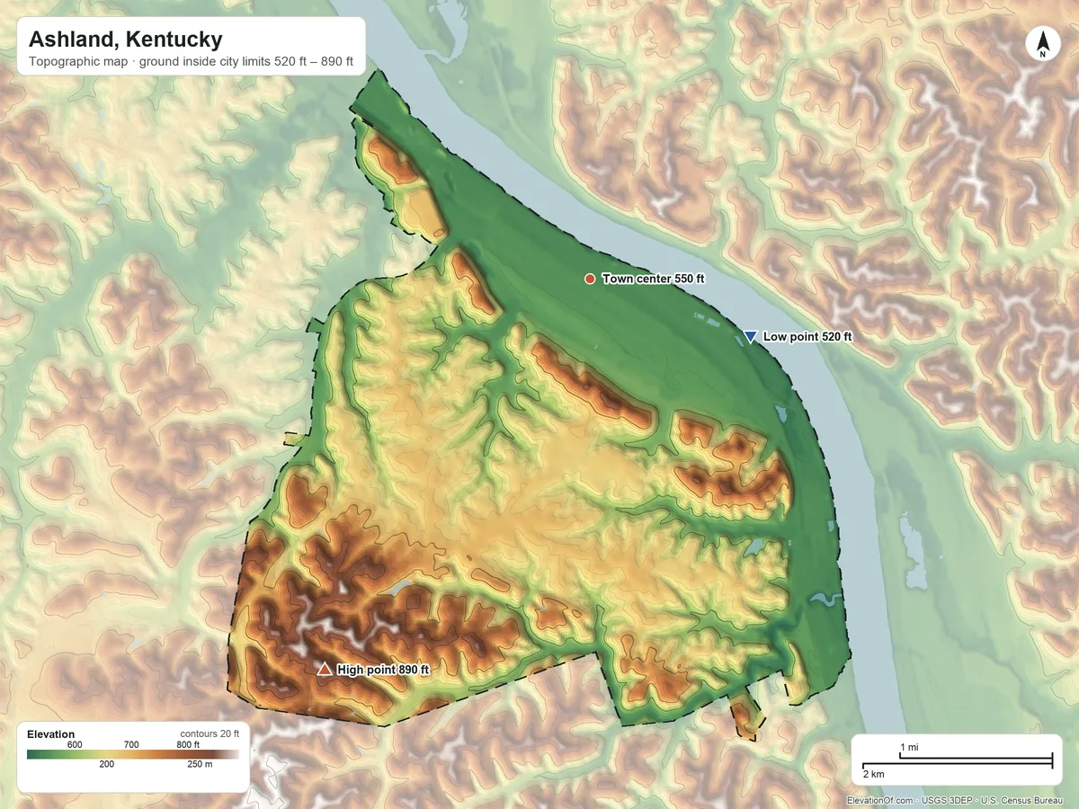 Topographic elevation map of Ashland, Kentucky, shaded from 520 ft on the east side to 890 ft on the southwest side