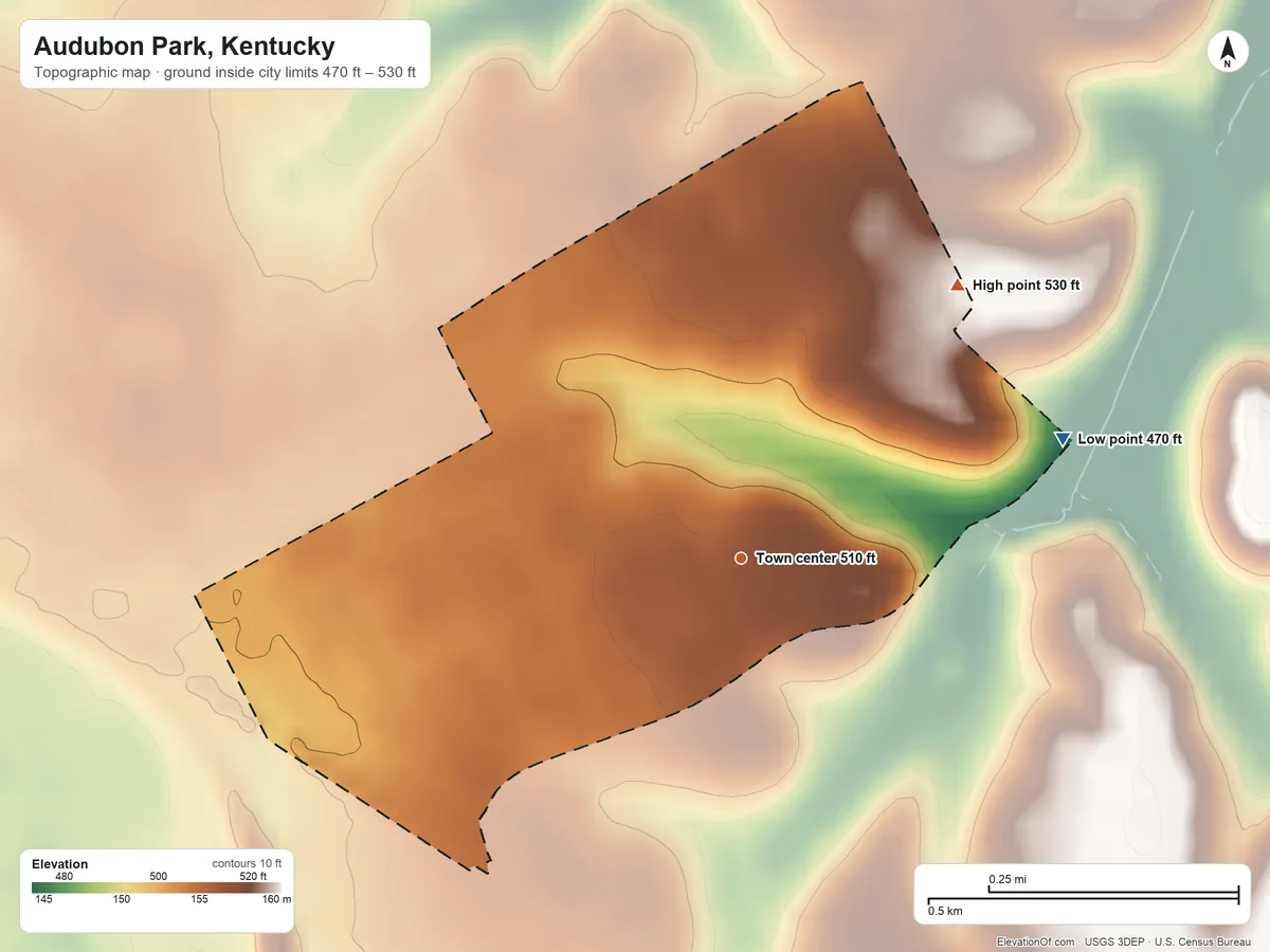 Topographic elevation map of Audubon Park, Kentucky, shaded from 470 ft on the east side to 530 ft on the northeast side