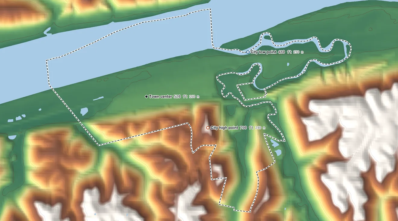 Topographic elevation map of Augusta, Kentucky, shaded from 480 ft on the northeast side to 790 ft on the southeast side