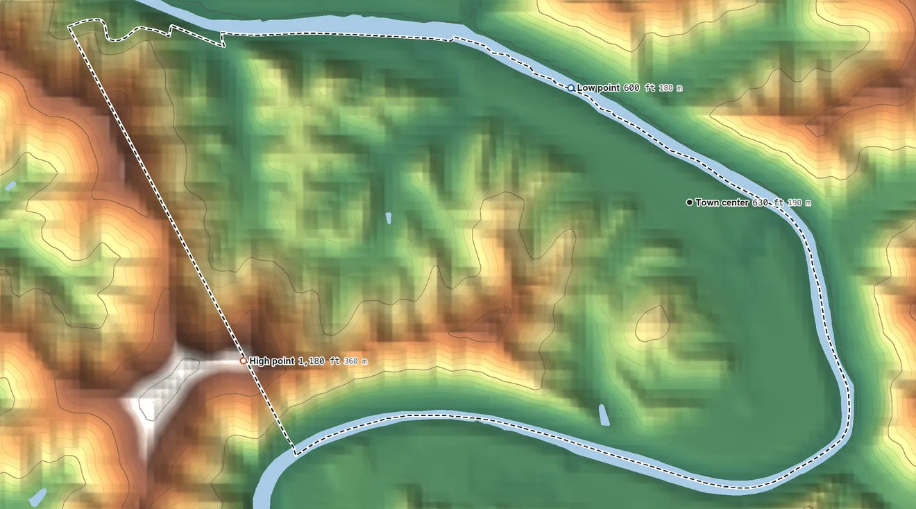 Topographic elevation map of Auxier, Kentucky, shaded from 600 ft on the northwest side to 1,180 ft on the west side
