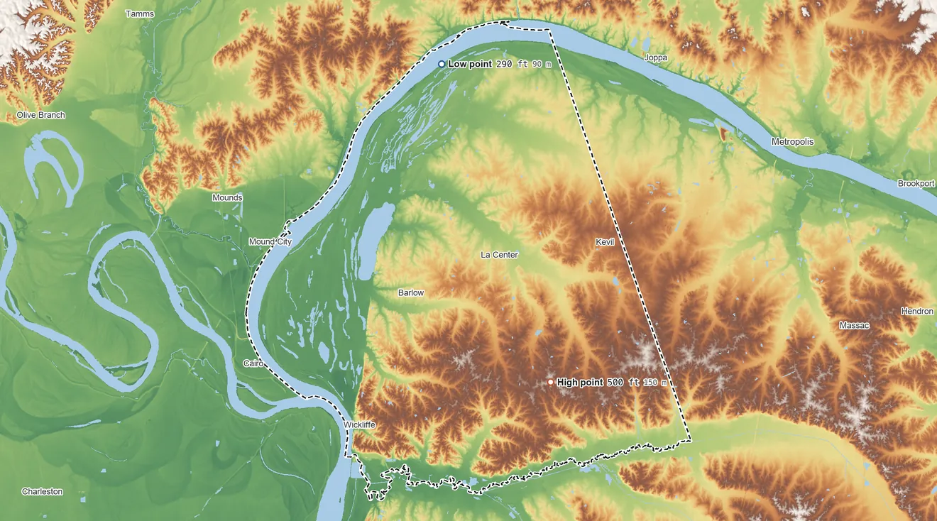 Topographic elevation map of Ballard County, Kentucky, shaded from 290 ft on the north side to 500 ft on the southeast side