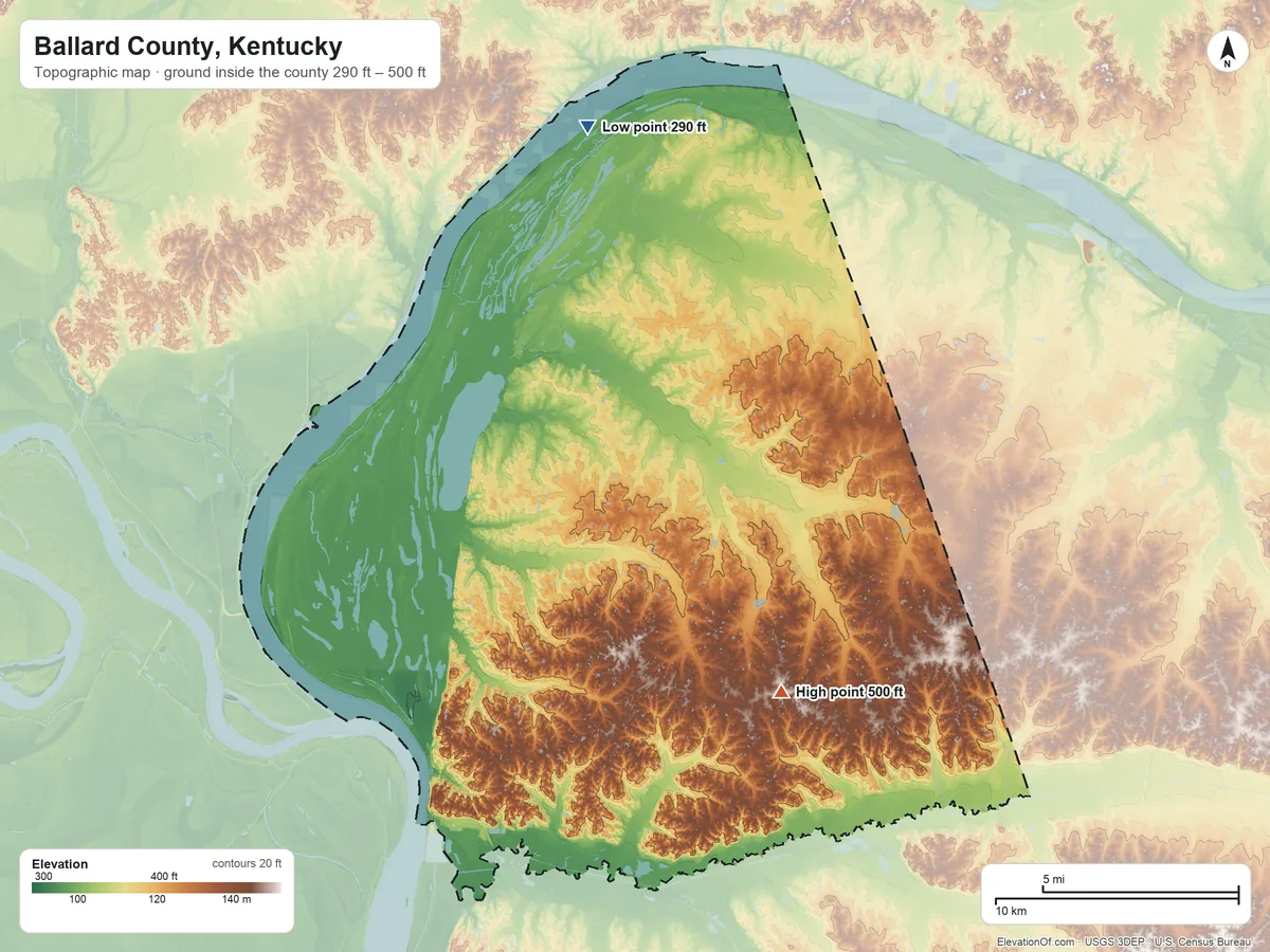 Topographic elevation map of Ballard County, Kentucky, shaded from 290 ft on the north side to 500 ft on the southeast side
