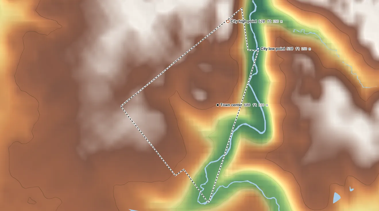 Topographic elevation map of Bancroft, Kentucky, shaded from 530 ft on the northeast side to 620 ft on the north side