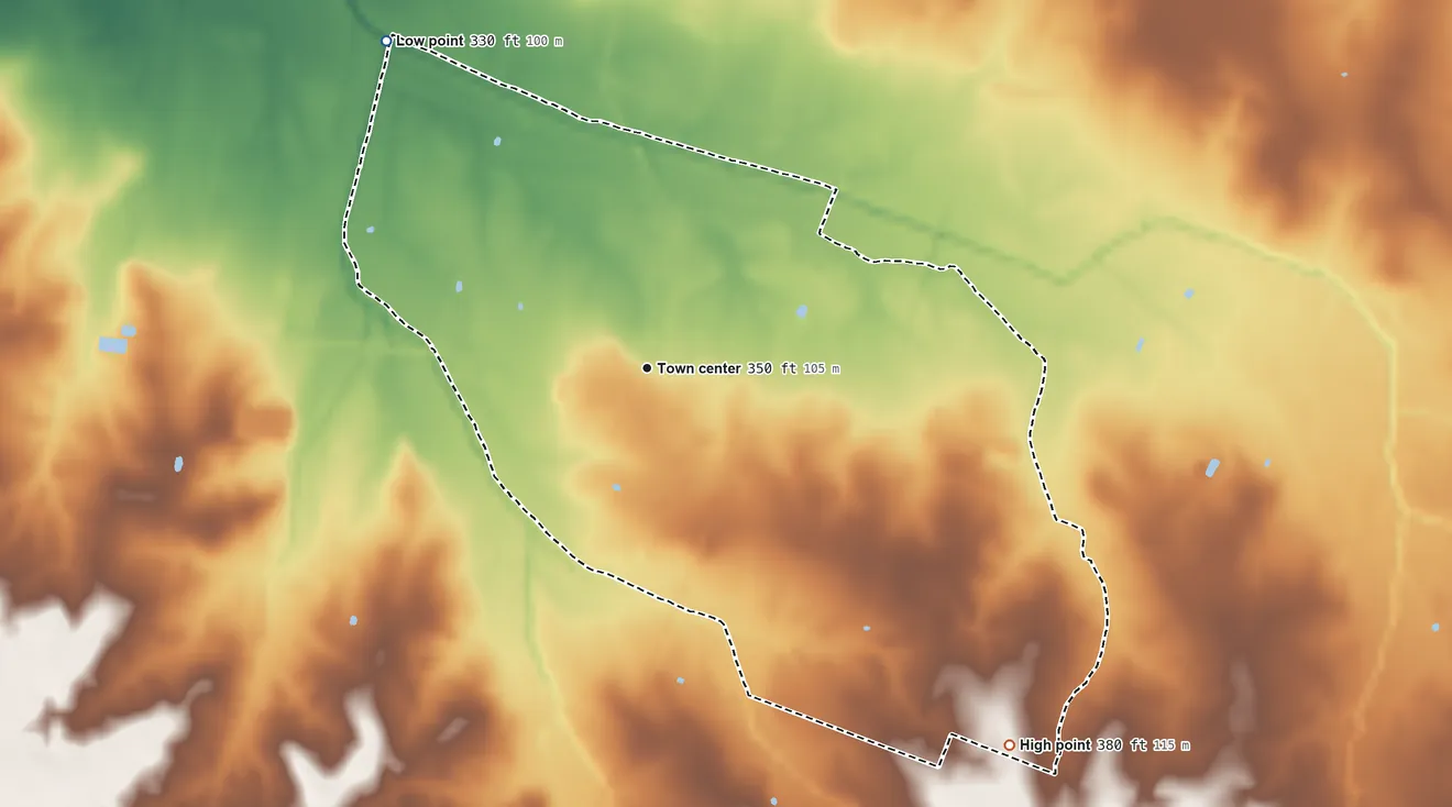 Topographic elevation map of Bandana, Kentucky, shaded from 330 ft on the northwest side to 380 ft on the southeast side