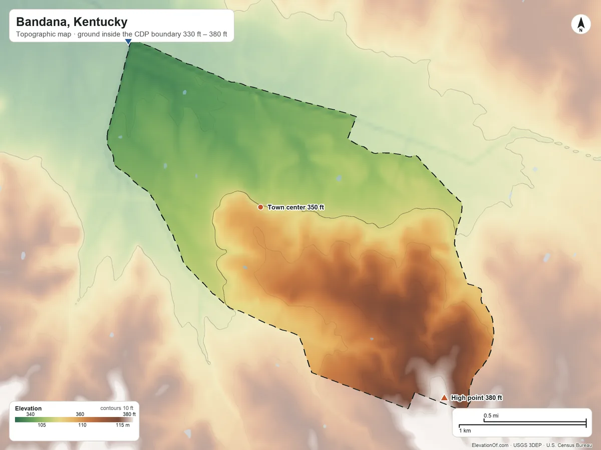 Topographic elevation map of Bandana, Kentucky, shaded from 330 ft on the northwest side to 380 ft on the southeast side