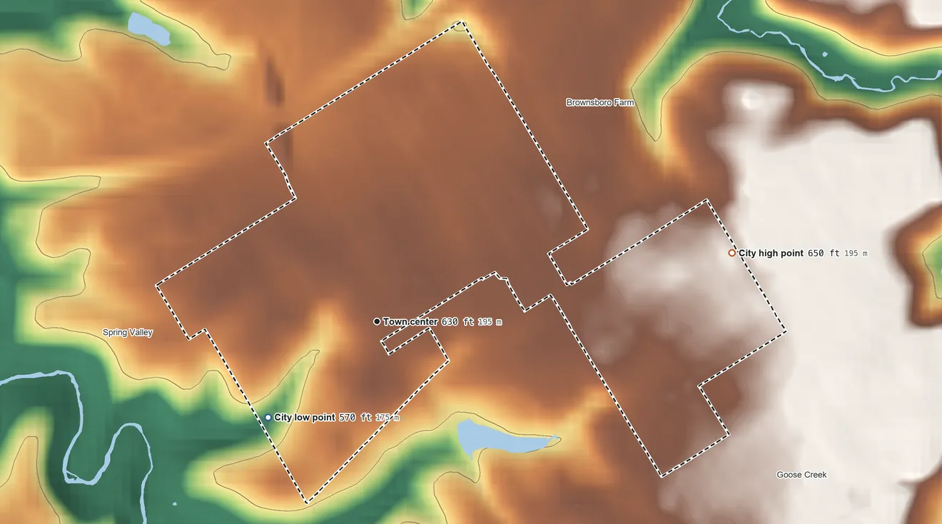 Topographic elevation map of Barbourmeade, Kentucky, shaded from 570 ft on the southwest side to 650 ft on the east side