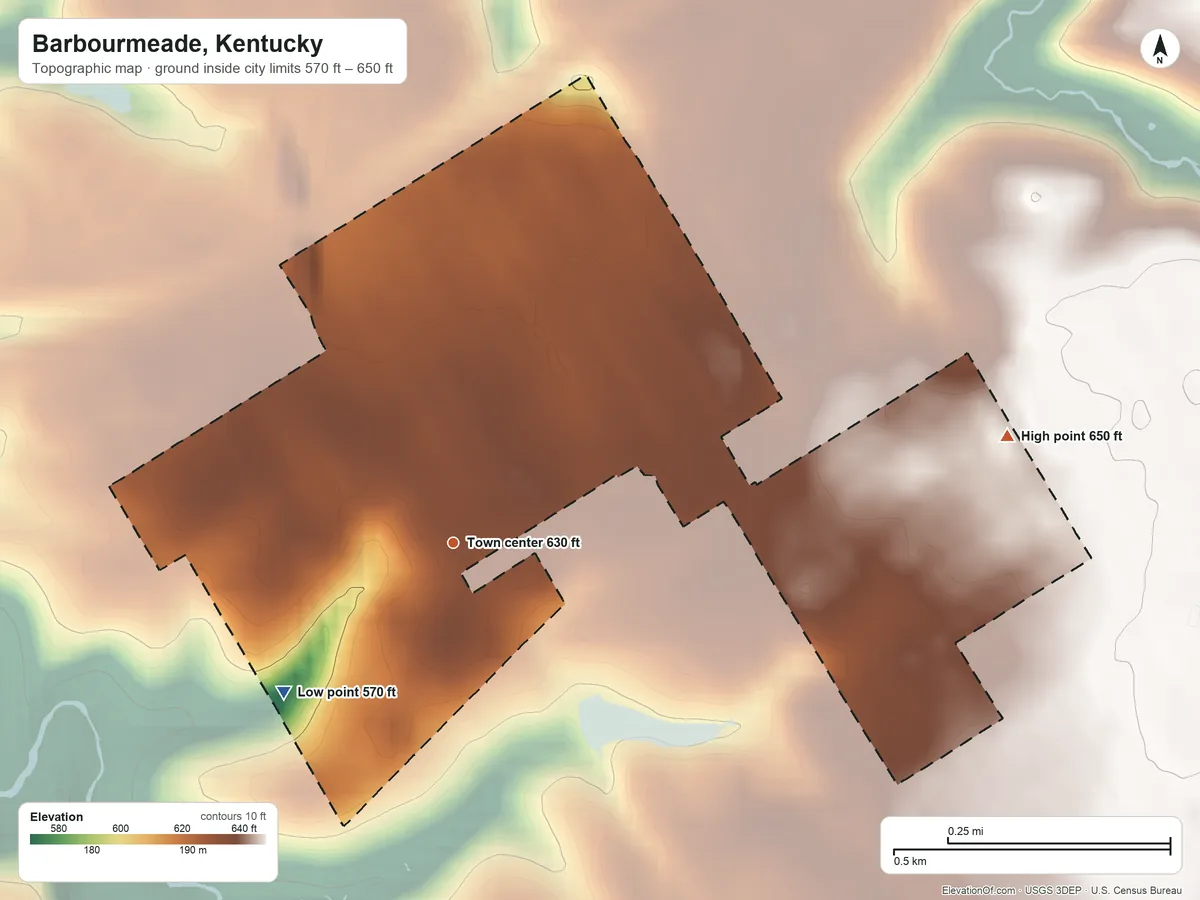Topographic elevation map of Barbourmeade, Kentucky, shaded from 570 ft on the southwest side to 650 ft on the east side