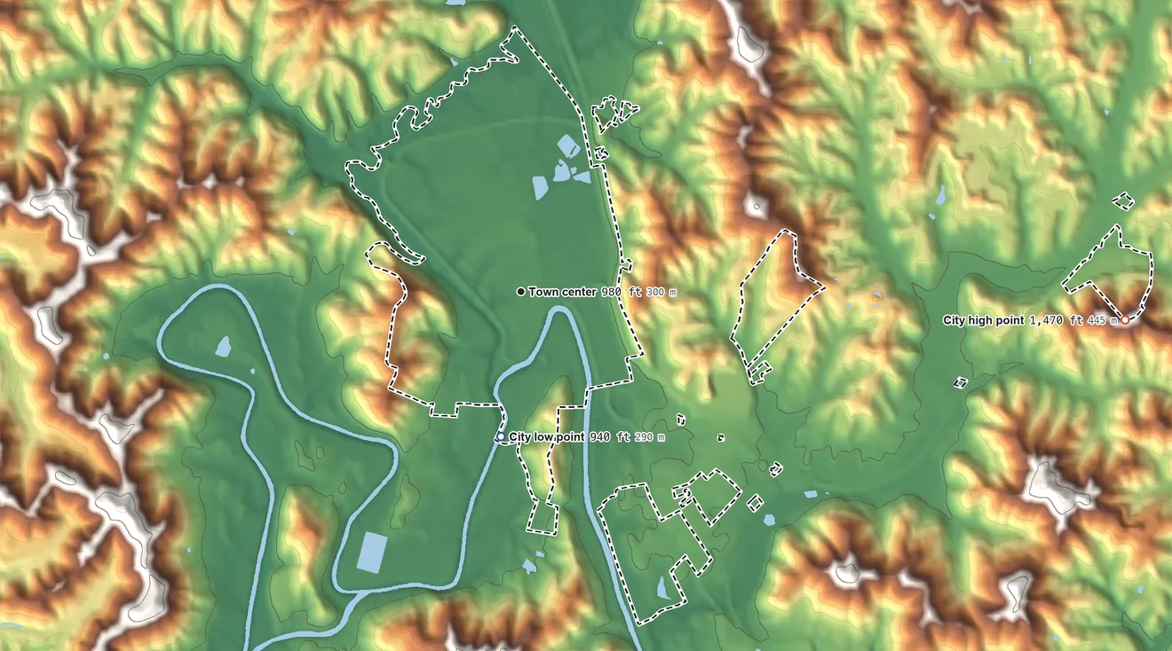 Topographic elevation map of Barbourville, Kentucky, shaded from 940 ft on the south side to 1,470 ft on the east side