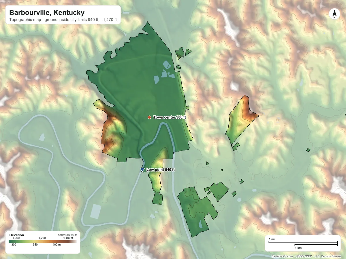 Topographic elevation map of Barbourville, Kentucky, shaded from 940 ft on the south side to 1,470 ft on the east side