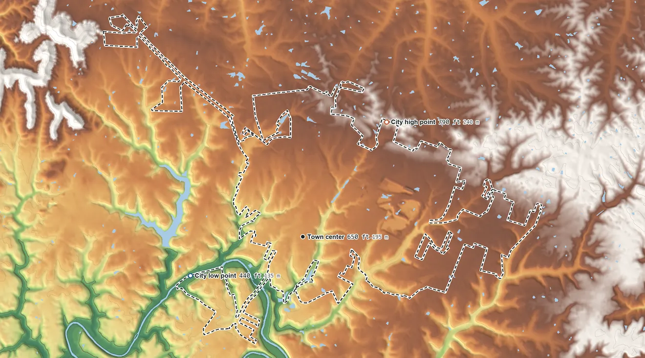 Topographic elevation map of Bardstown, Kentucky, shaded from 440 ft on the west side to 790 ft on the northeast side