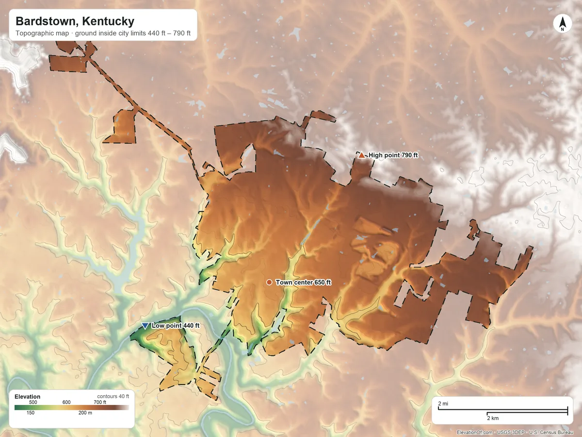 Topographic elevation map of Bardstown, Kentucky, shaded from 440 ft on the west side to 790 ft on the northeast side