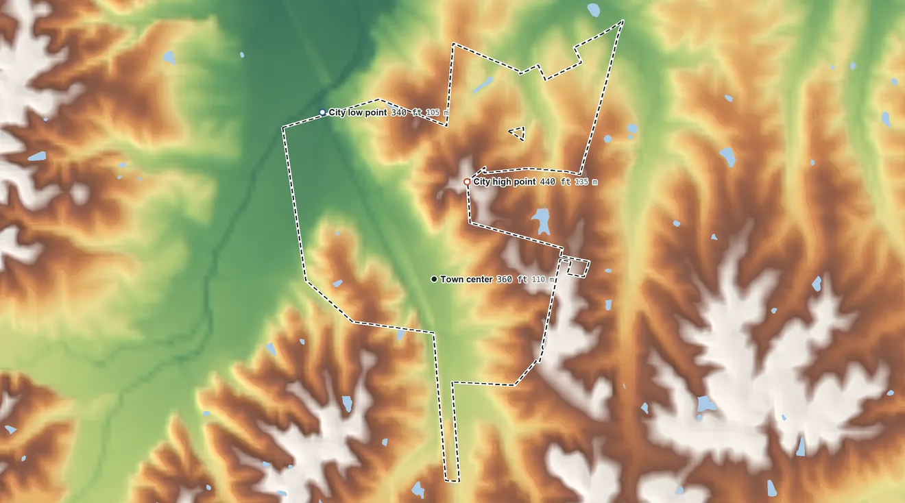 Topographic elevation map of Bardwell, Kentucky, shaded from 340 ft on the northwest side to 440 ft on the north side