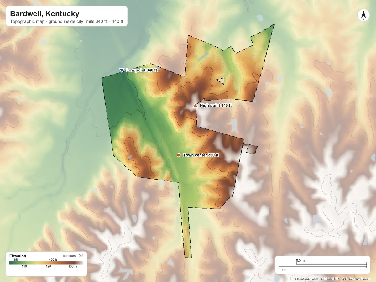 Topographic elevation map of Bardwell, Kentucky, shaded from 340 ft on the northwest side to 440 ft on the north side