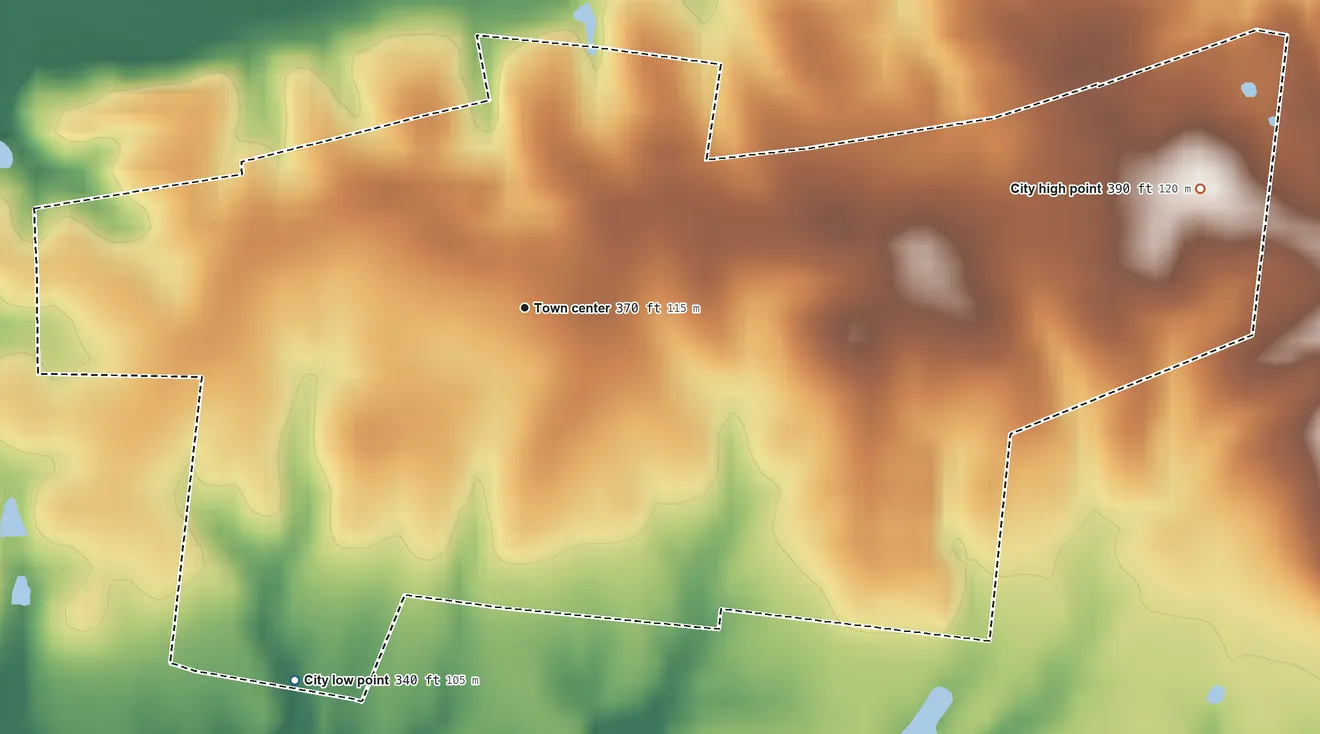 Topographic elevation map of Barlow, Kentucky, shaded from 340 ft on the southwest side to 390 ft on the east side