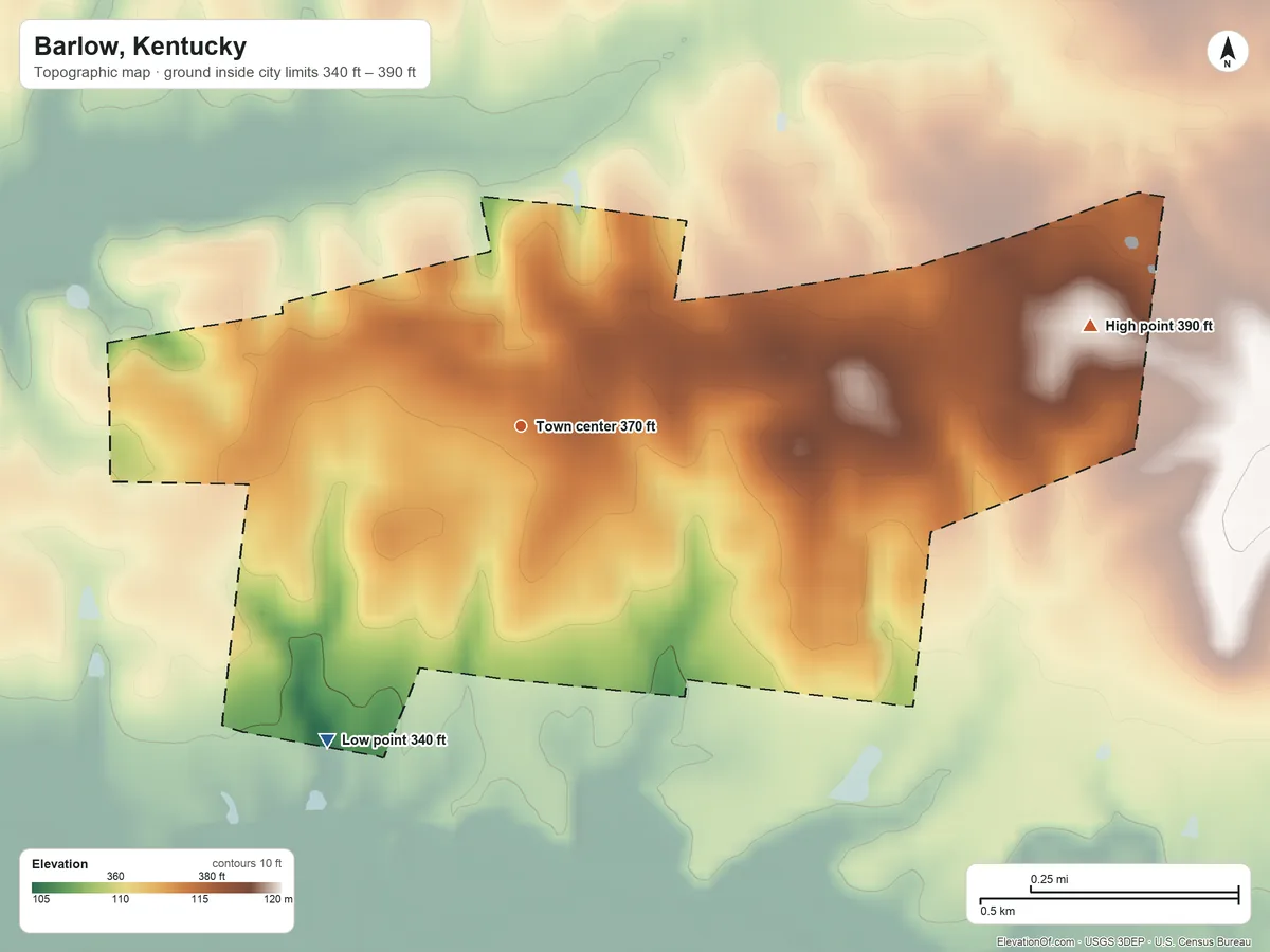 Topographic elevation map of Barlow, Kentucky, shaded from 340 ft on the southwest side to 390 ft on the east side