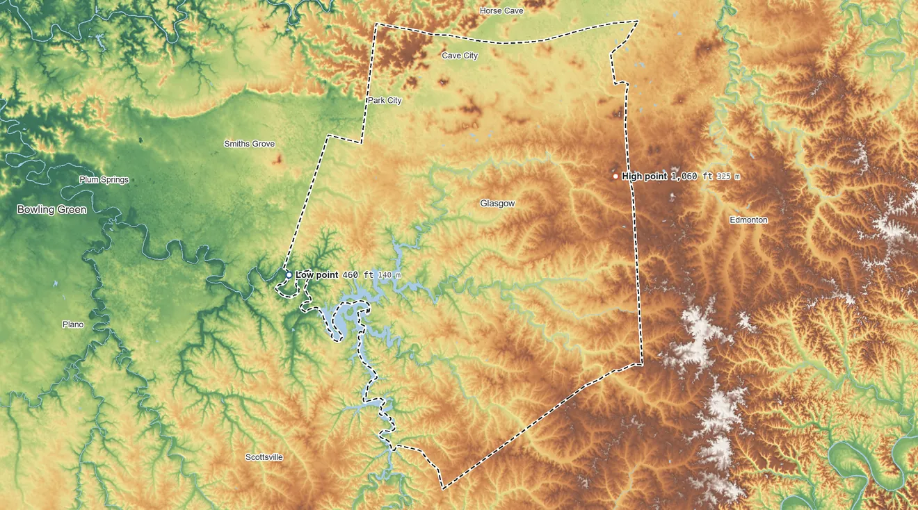 Topographic elevation map of Barren County, Kentucky, shaded from 460 ft on the west side to 1,060 ft on Loves Knob
