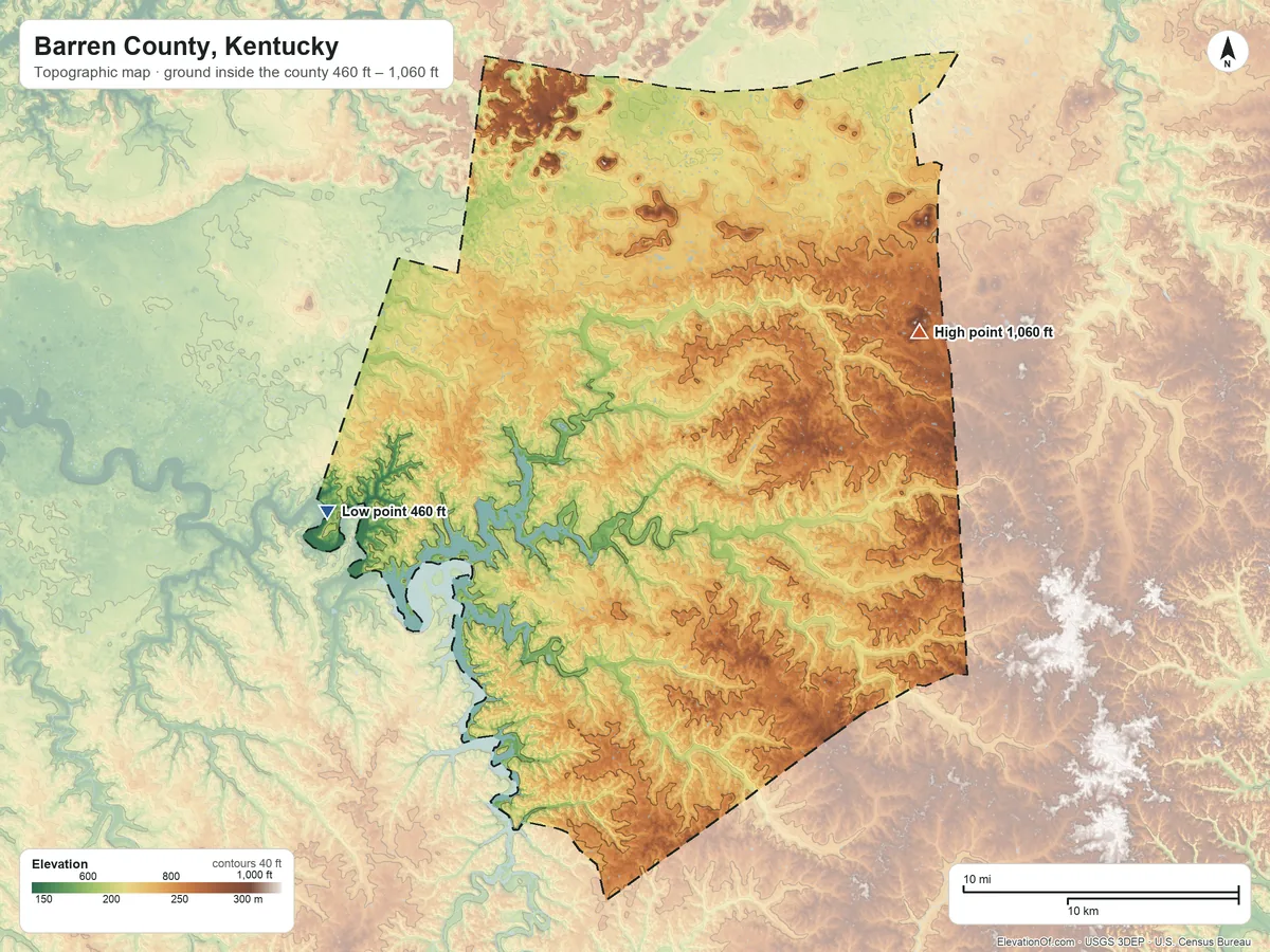 Topographic elevation map of Barren County, Kentucky, shaded from 460 ft on the west side to 1,060 ft on Loves Knob