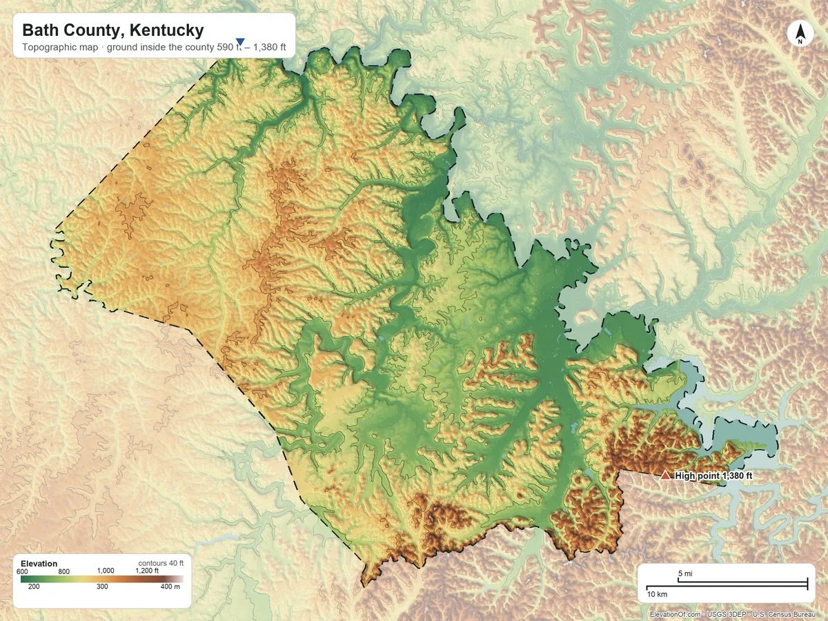 Topographic elevation map of Bath County, Kentucky, shaded from 590 ft on the northwest side to 1,380 ft on Tater Knob