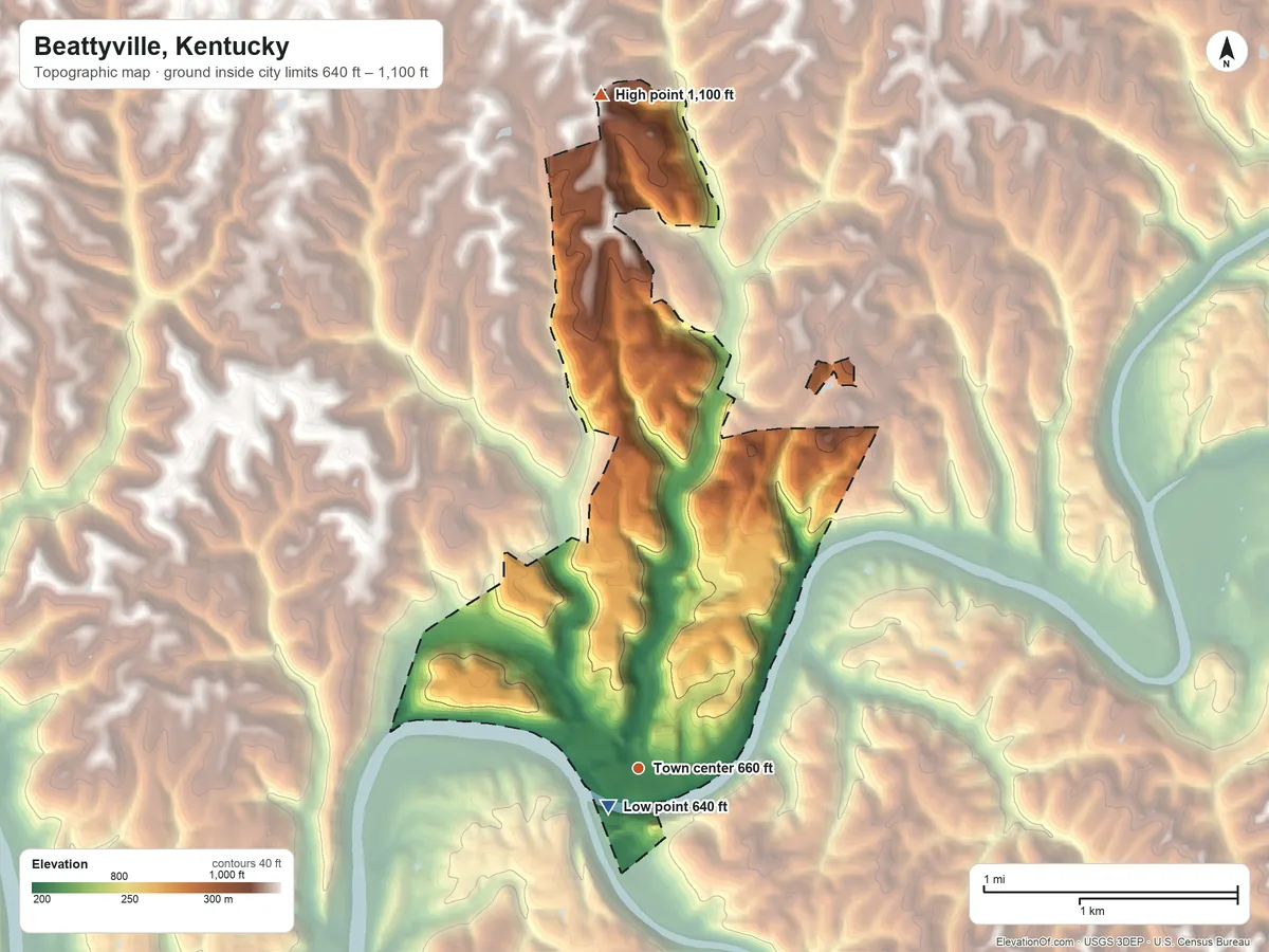 Topographic elevation map of Beattyville, Kentucky, shaded from 640 ft near the middle to 1,100 ft on the north side