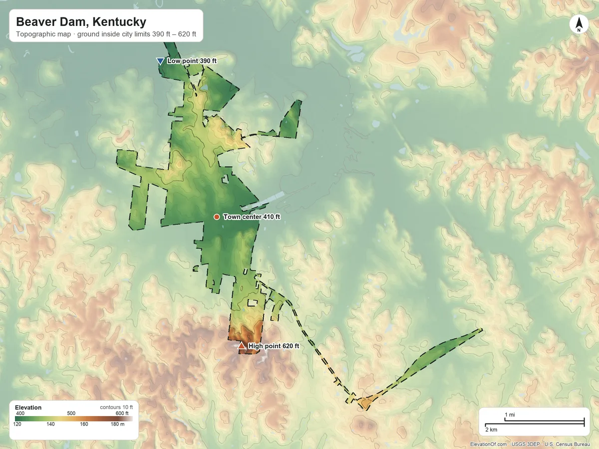Topographic elevation map of Beaver Dam, Kentucky, shaded from 390 ft on the north side to 620 ft on the south side