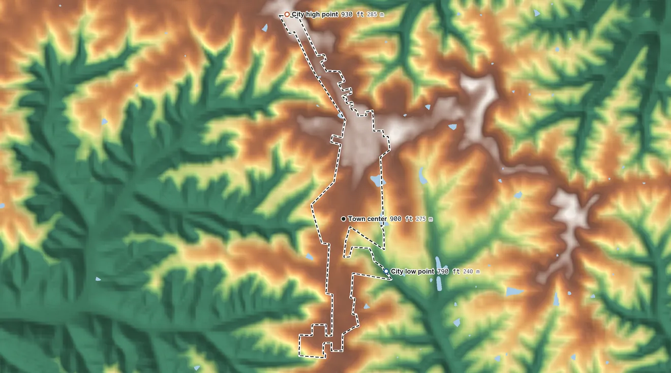 Topographic elevation map of Bedford, Kentucky, shaded from 790 ft on the southeast side to 930 ft on the north side