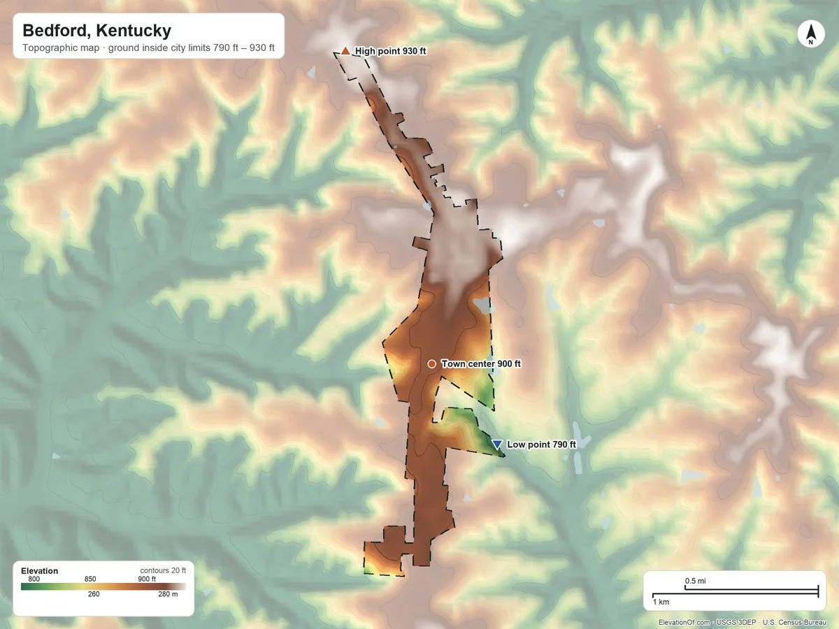 Topographic elevation map of Bedford, Kentucky, shaded from 790 ft on the southeast side to 930 ft on the north side