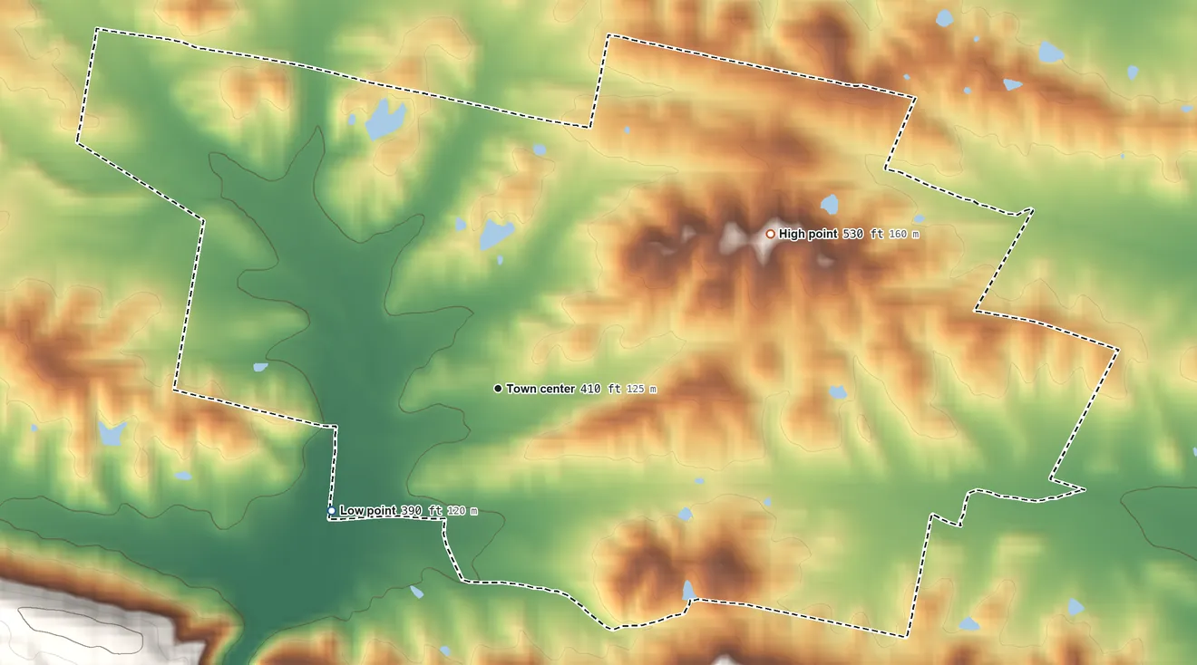 Topographic elevation map of Beech Grove, Kentucky, shaded from 390 ft on the southwest side to 530 ft on the northeast side