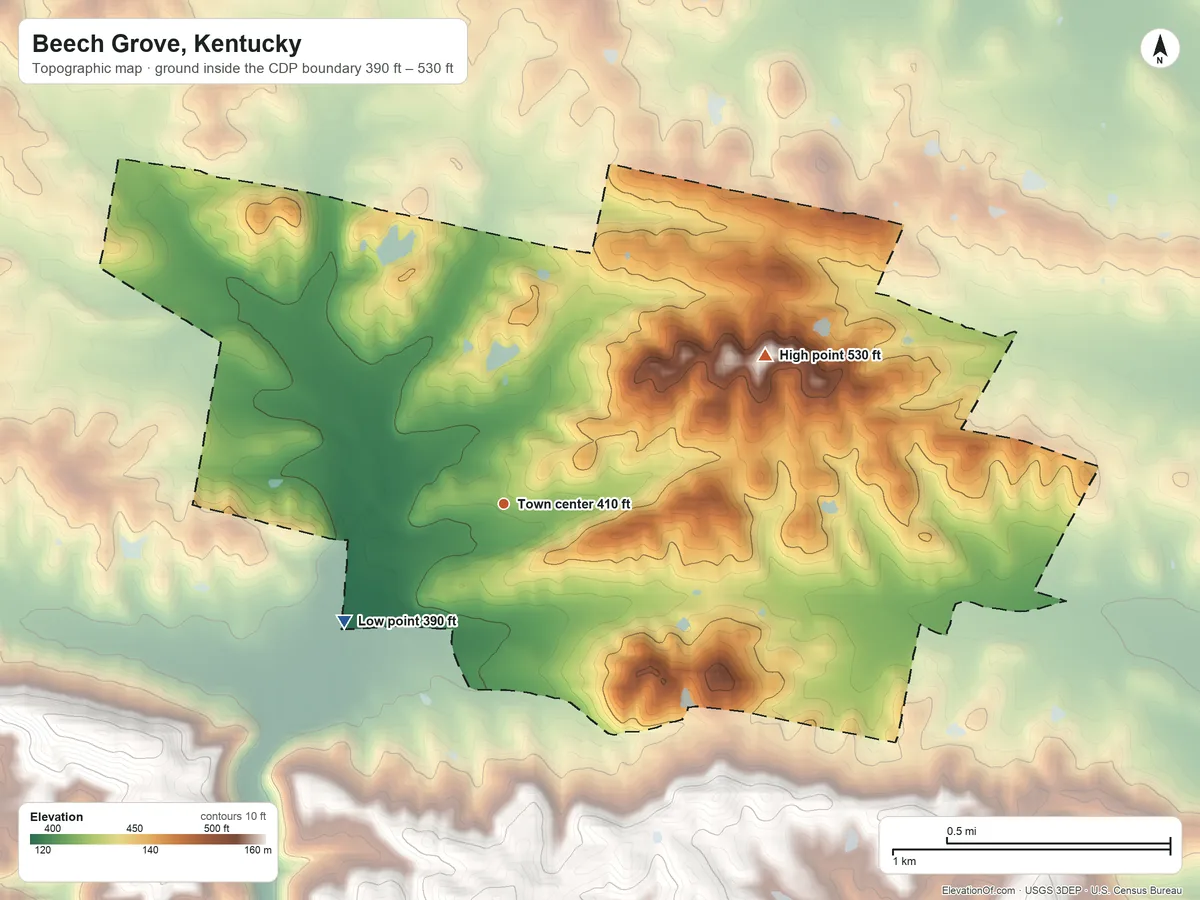 Topographic elevation map of Beech Grove, Kentucky, shaded from 390 ft on the southwest side to 530 ft on the northeast side