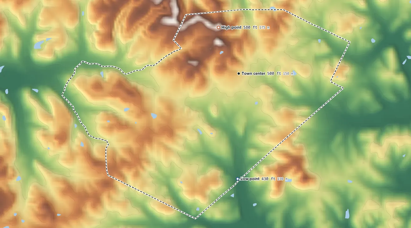 Topographic elevation map of Beechmont, Kentucky, shaded from 430 ft on the south side to 580 ft on the northwest side