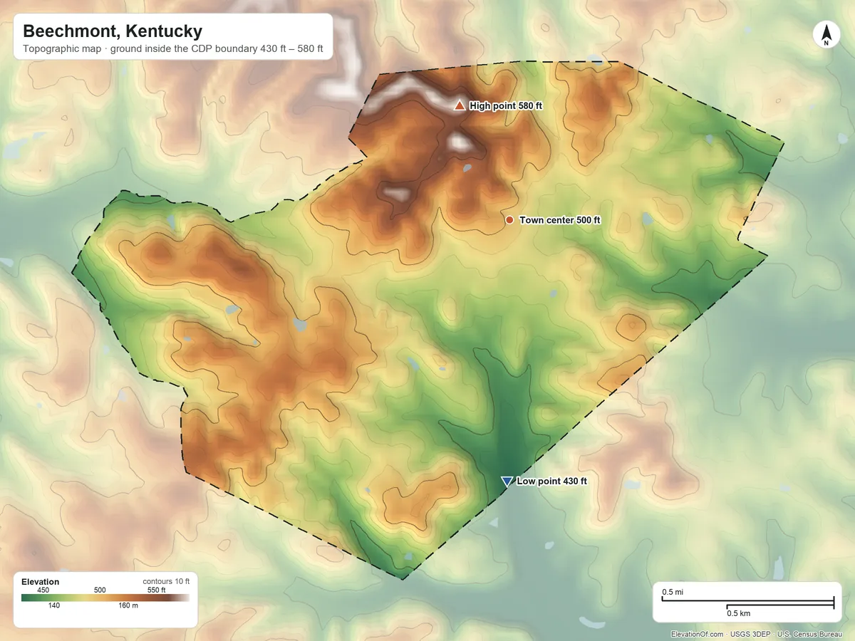 Topographic elevation map of Beechmont, Kentucky, shaded from 430 ft on the south side to 580 ft on the northwest side