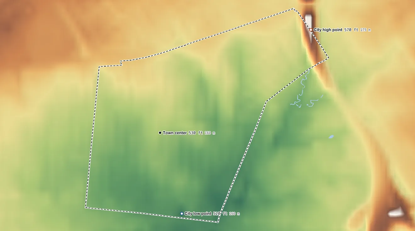Topographic elevation map of Beechwood Village, Kentucky, shaded from 520 ft on the south side to 570 ft on the northeast side