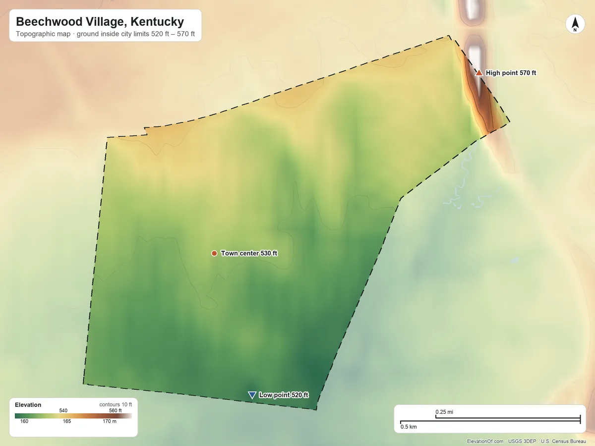 Topographic elevation map of Beechwood Village, Kentucky, shaded from 520 ft on the south side to 570 ft on the northeast side