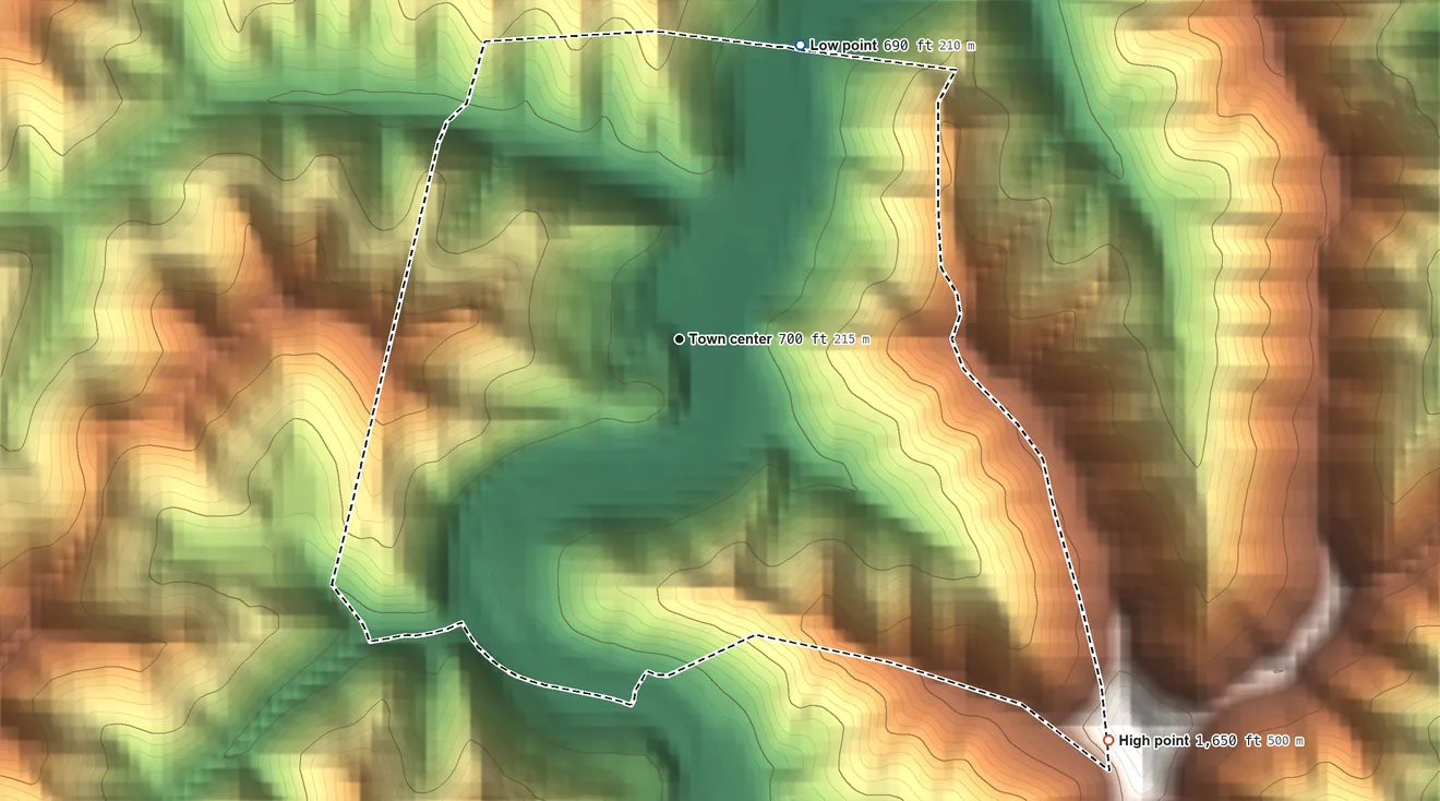 Topographic elevation map of Belfry, Kentucky, shaded from 690 ft on the north side to 1,650 ft on the southeast side