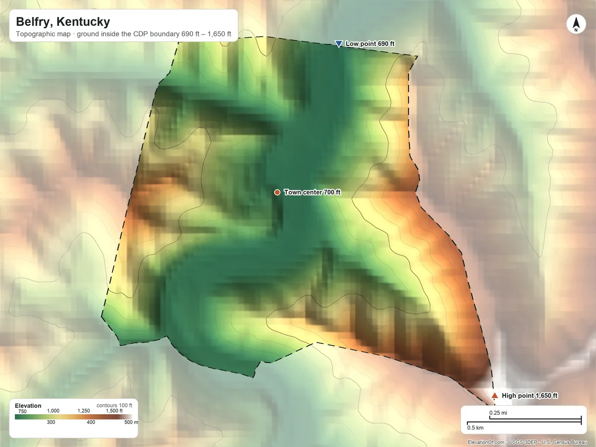 Topographic elevation map of Belfry, Kentucky, shaded from 690 ft on the north side to 1,650 ft on the southeast side